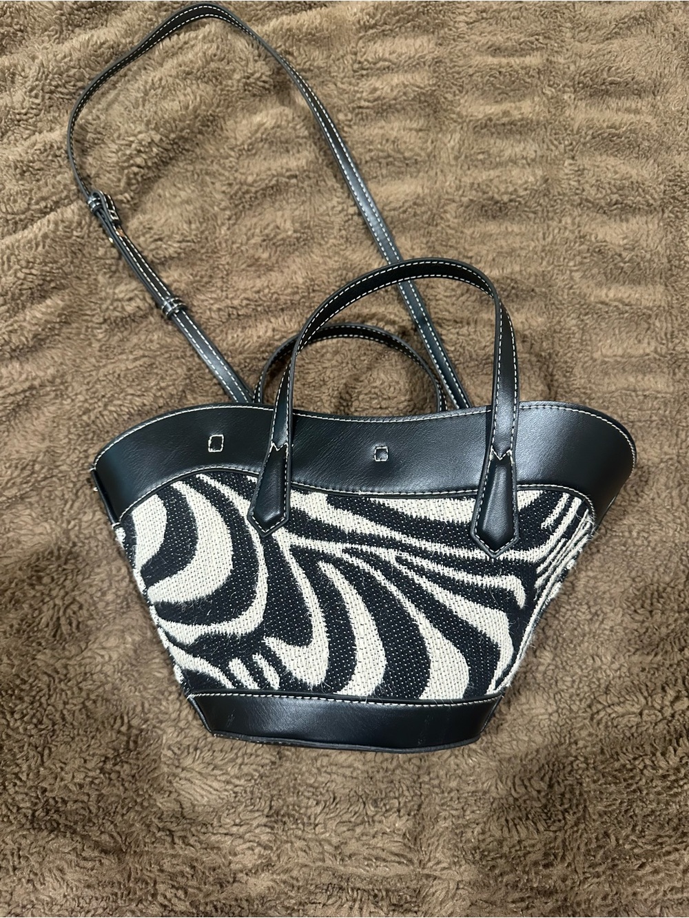 Black & White Zebra-Pattern Tote Bag with Leather Trim